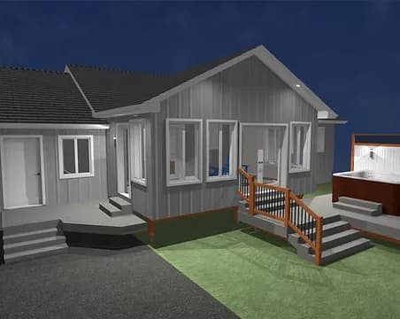 A 3D design render of a sunroom addition with a multi-level deck and a hot tub