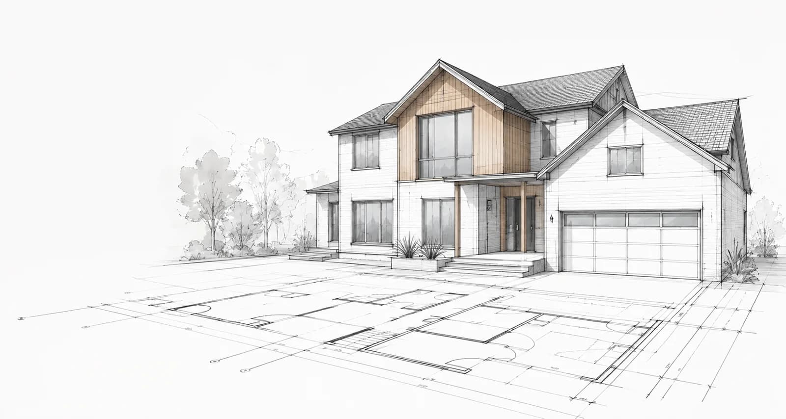An architectural concept sketch of a modern two-storey family home with an attached garage, shown with its floor plan drawn out in front
